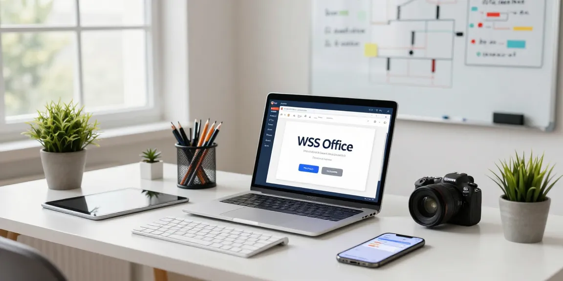 User engaging in WPS Download on a sleek laptop in a modern home office, with productivity tools and natural light.