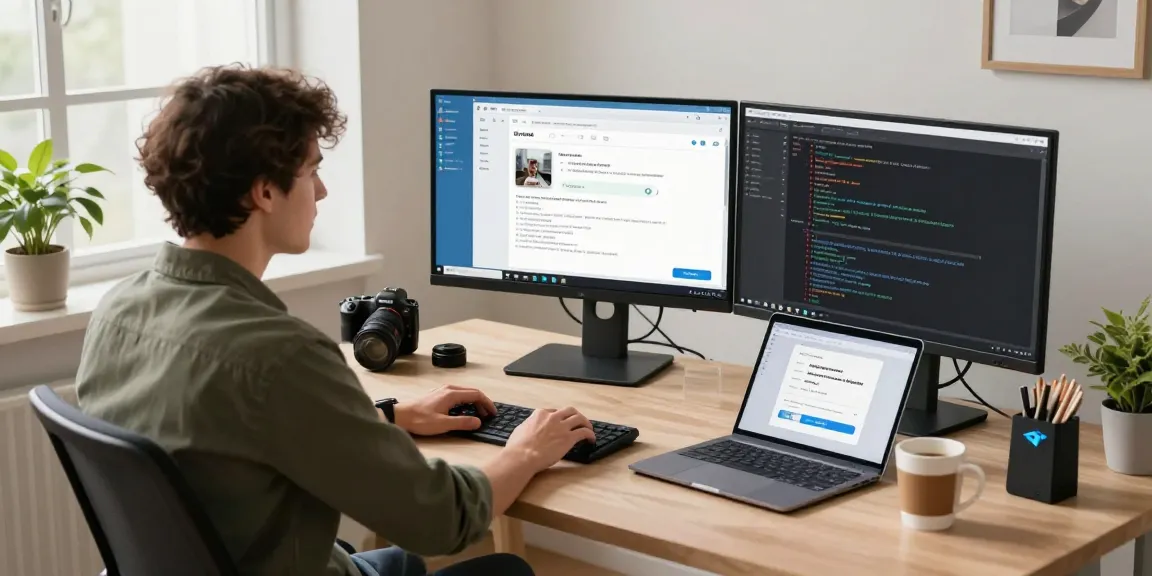 Experience seamless Telegram download in a modern tech workspace with coding screens and messaging apps.