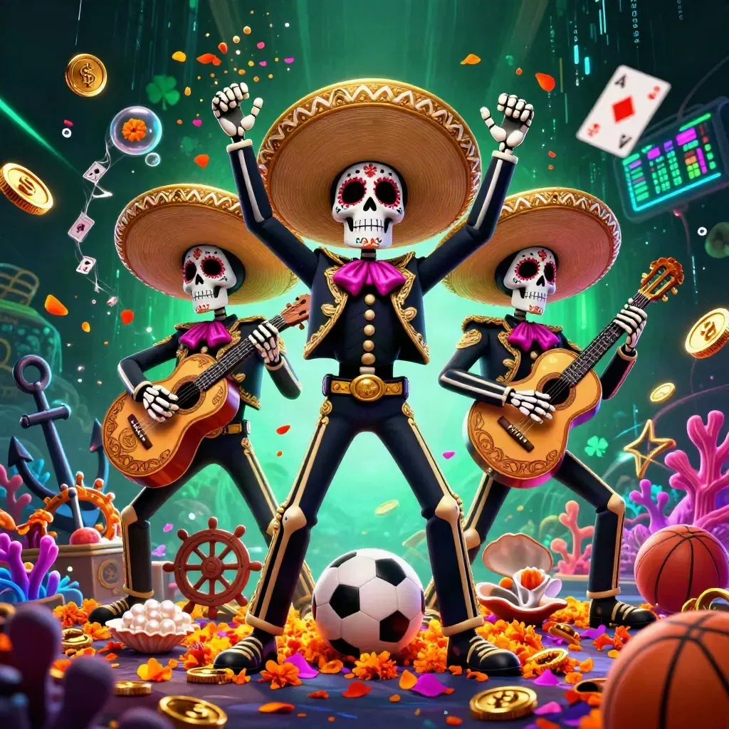 Skeleton mariachi trio amid gold coins, coral, soccer ball, and neon casino treasure chaos.