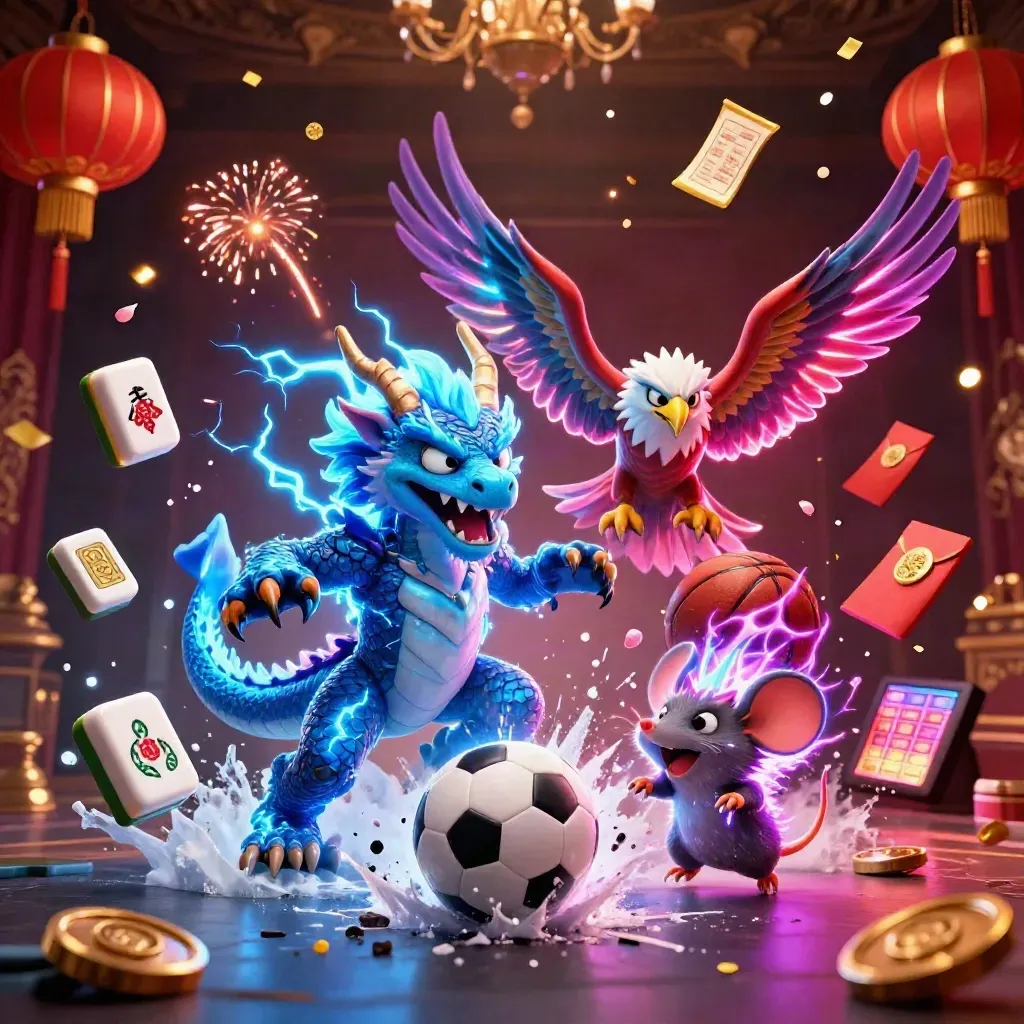 Thunder dragon, winged hawk, and static mouse amid neon casino sports energy and flying game props.