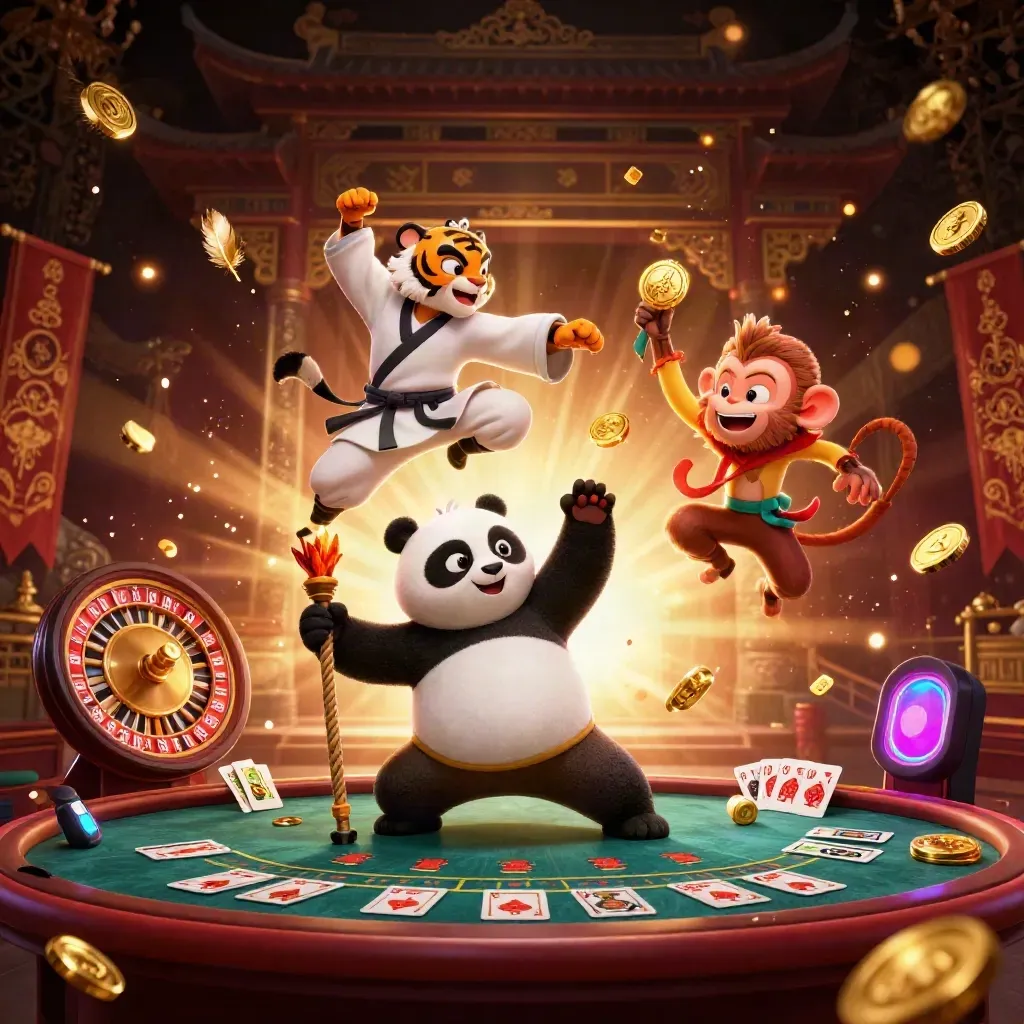Tiger master, panda disciple, and monkey student in neon casino action with gold sparks and temple gate