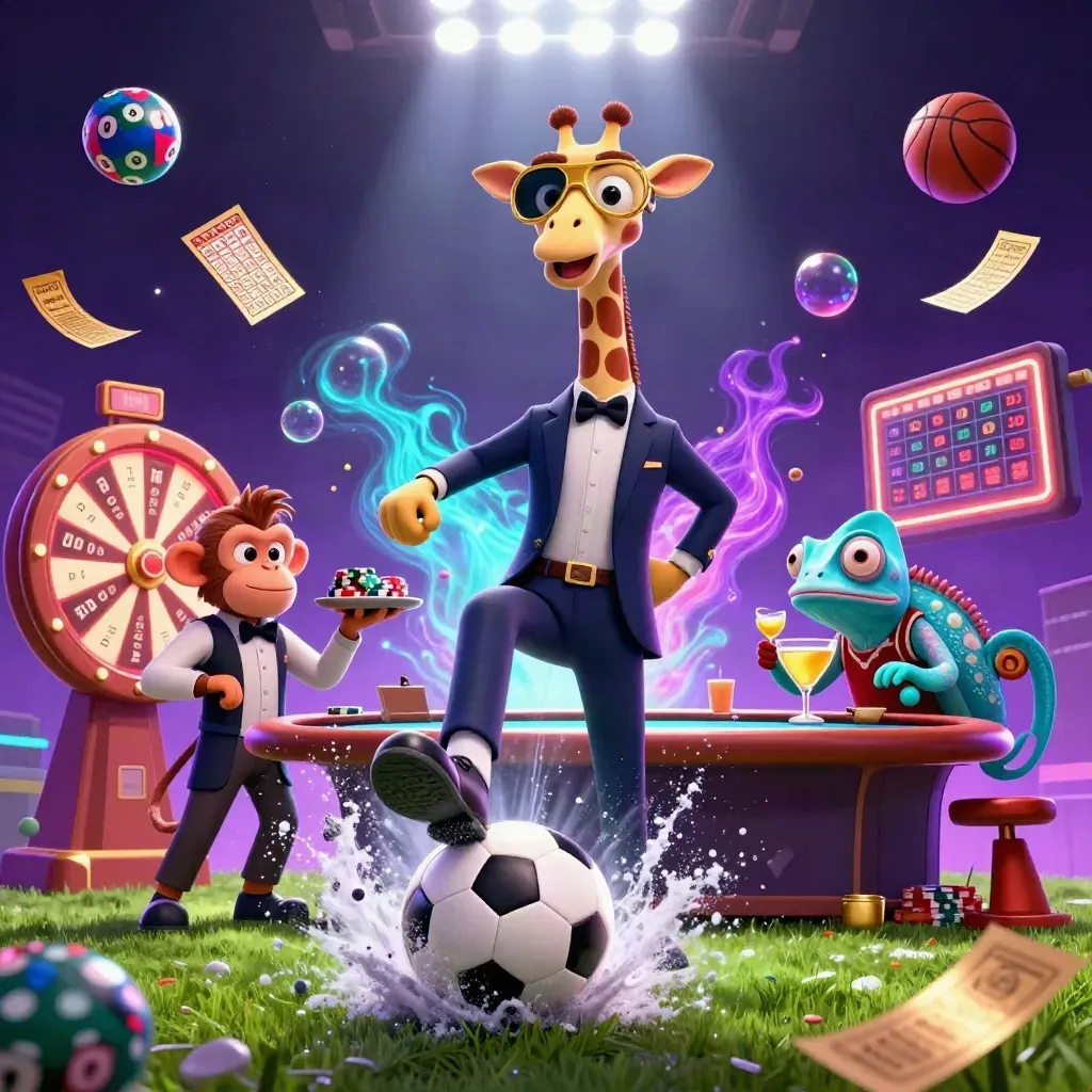 Football boot strikes ball amid casino mascots, neon props, and cyan-magenta gold light