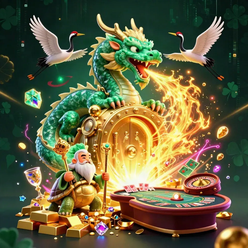 Emerald dragon, turtle sage, and cranes unleash gold fire around a treasure vault and casino glow