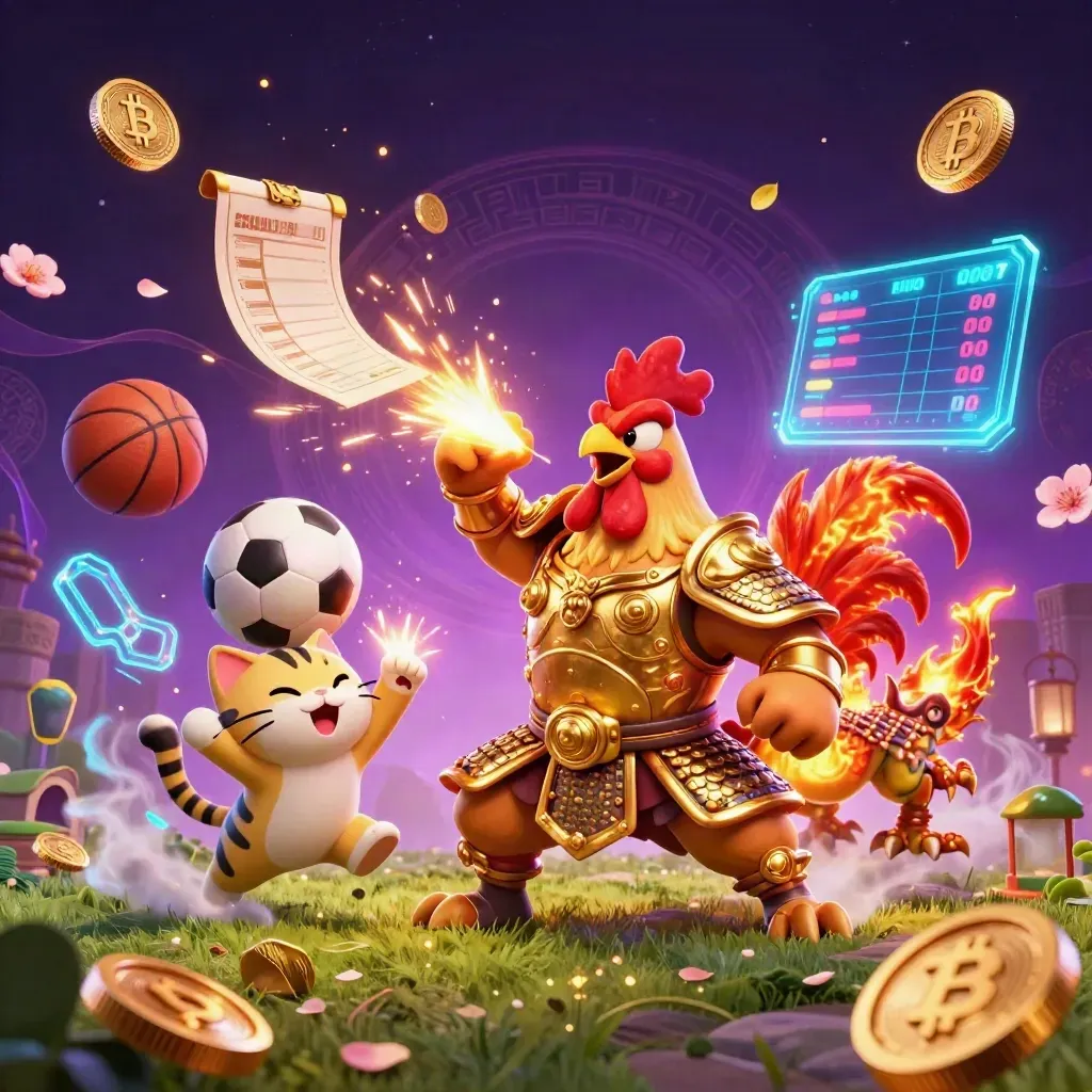 Rooster samurai, dragon hatchling, and fortune cat amid soccer and basketball chaos with neon casino effects.