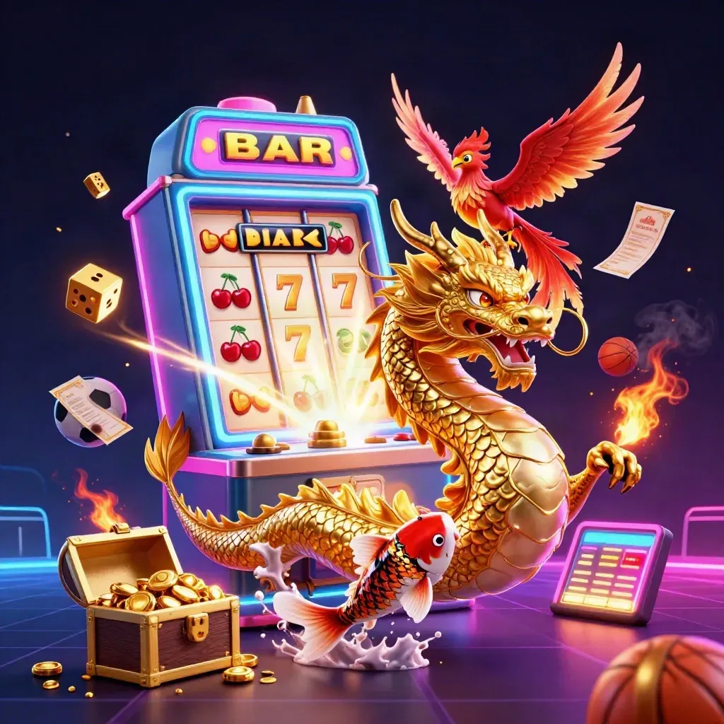 Golden dragon and casino burst with balls, dice, gold, neon lights, and a phoenix