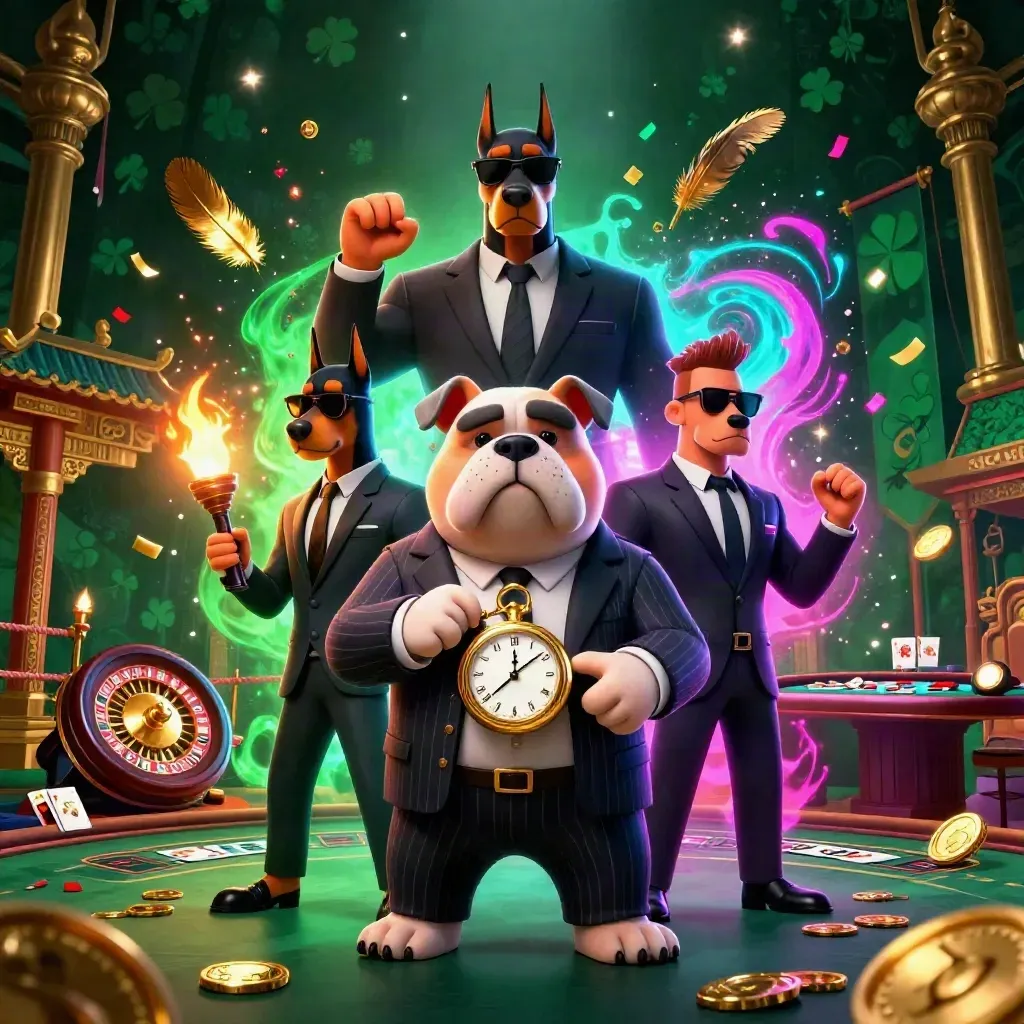 Bulldog casino boss with Doberman guards amid roulette glow, coins, banners, and neon confetti