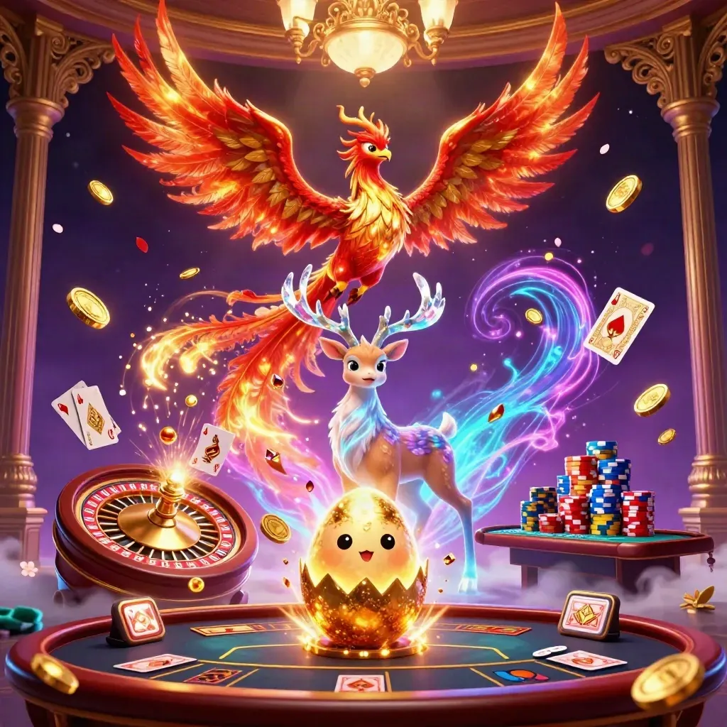Phoenix, hatching chick, and crystal stag amid coins, gems, roulette spin, and casino glow.