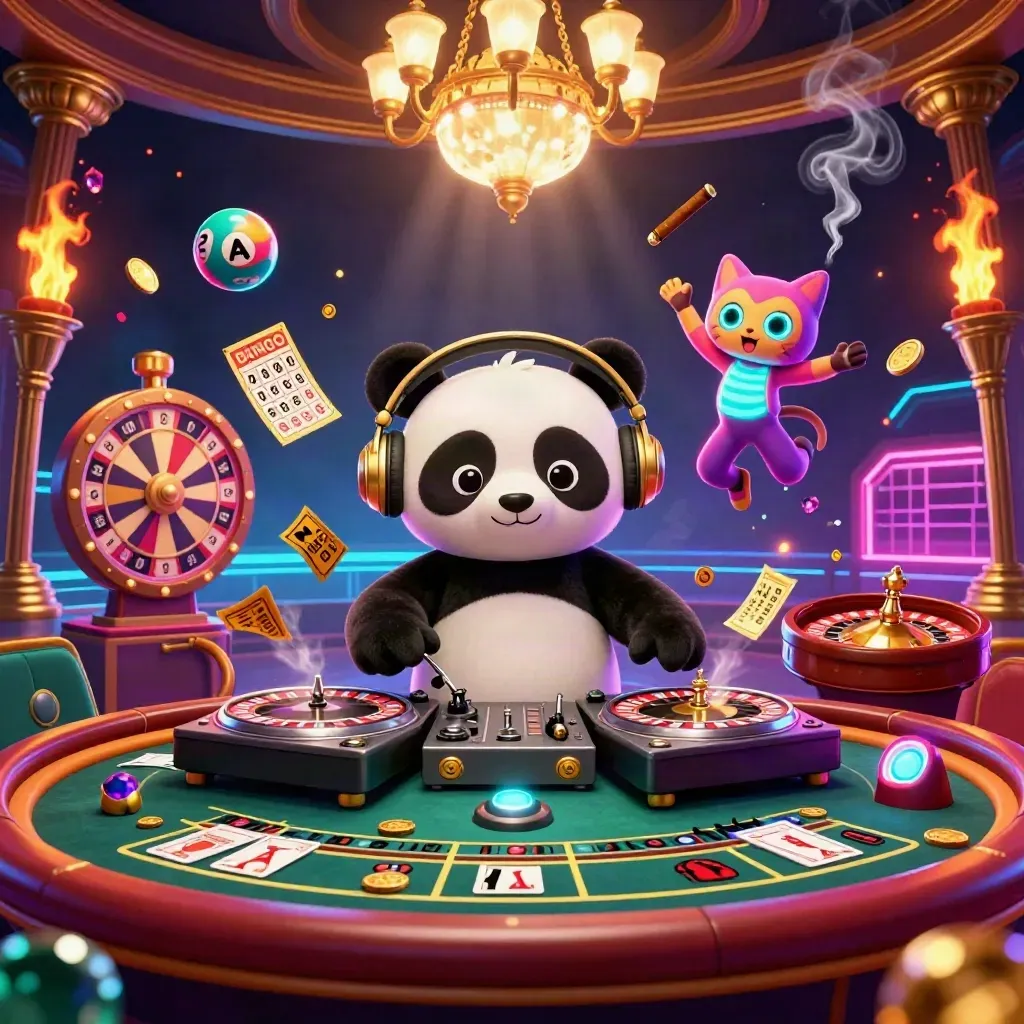 DJ panda, breakdancing monkey, and glow-stick kitten amid neon casino lights and flying prizes
