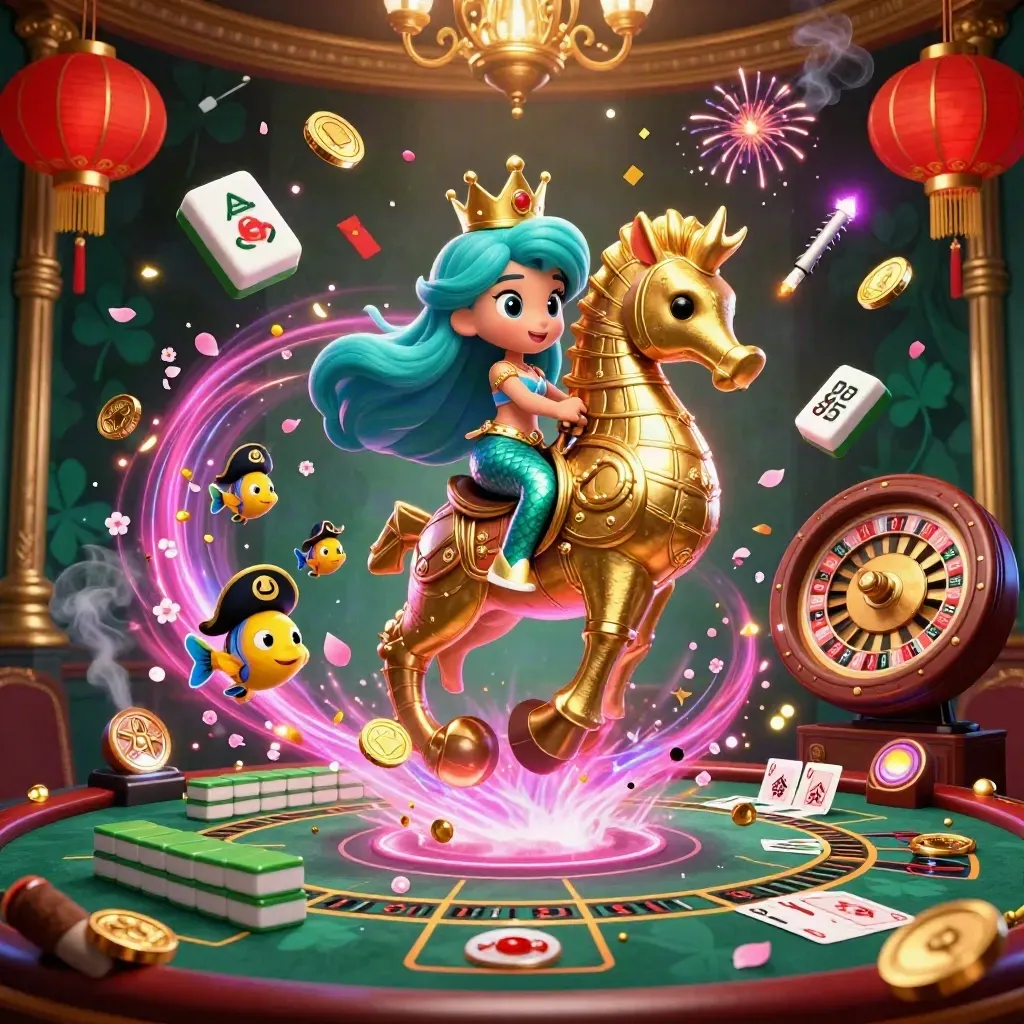 Mermaid princess on a seahorse amid casino magic, lanterns, coins, roulette, and fireworks.
