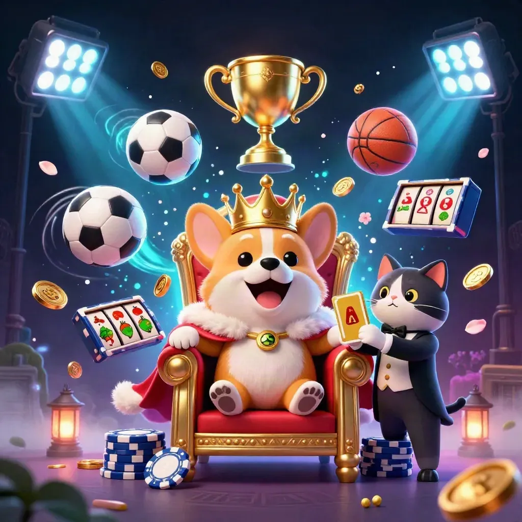 Royal corgi and cat butler amid casino sports chaos, coins, lights, and neon magic