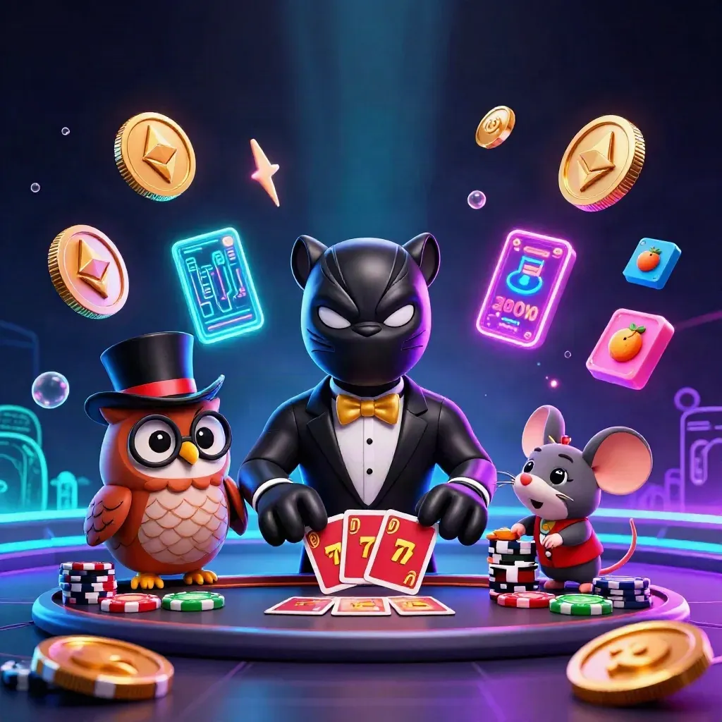 Panther, owl, and mouse casino heroes amid neon coins, chips, lightning, and glowing blue casino effects.