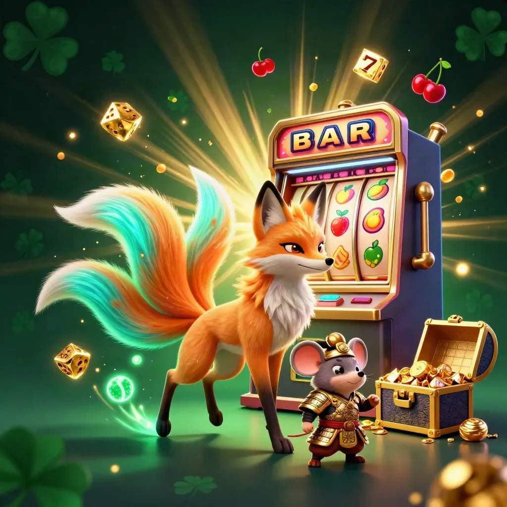 Nine-tailed neon fox and samurai mouse amid exploding slot symbols and gold