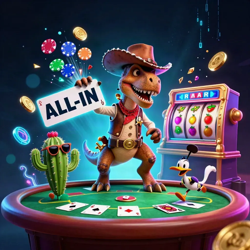 Cowboy T-Rex, cactus sidekick, and roadrunner blast poker chips and neon casino loot.