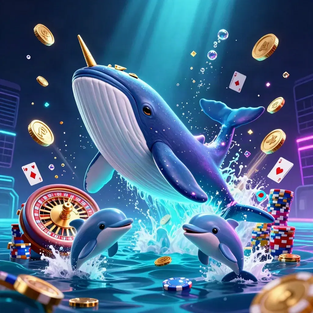 Whale captain, narwhal, and dolphins erupting from coins with casino chips and glowing cyan light