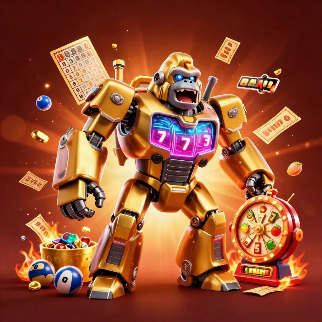 Golden gorilla mech with monkey pilot amid lottery balls, prize wheel and glowing casino loot.