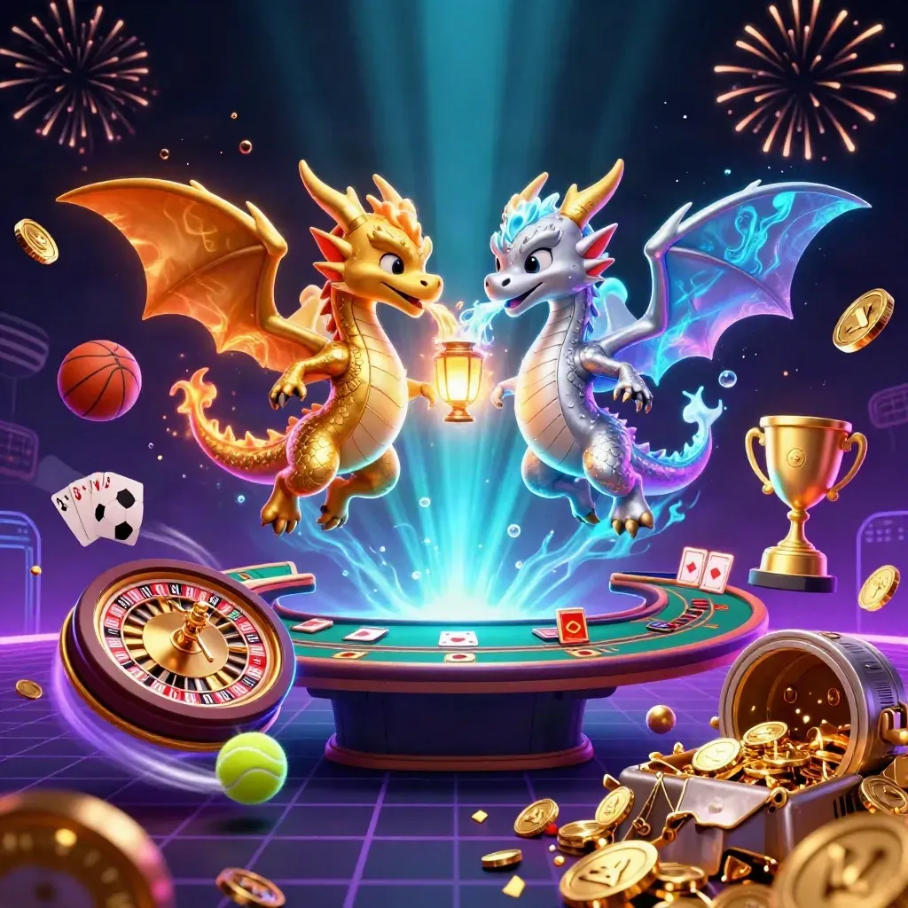 Two neon dragons burst through coins and casino props in a dark cyber-luxe sky.