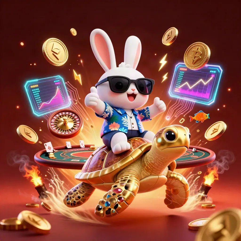 Lucky rabbit on a golden turtle amid casino coins, fireworks, neon tech, and spinning tables.