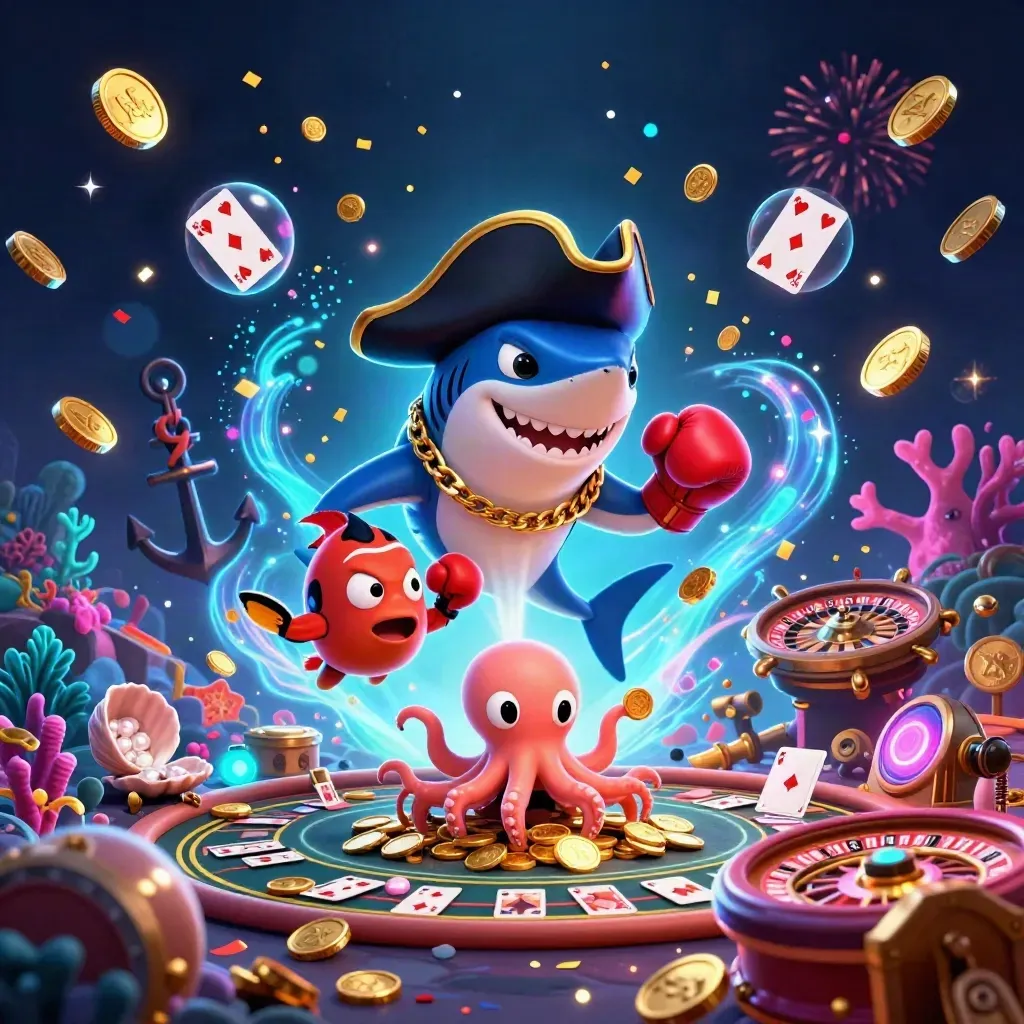 Pirate shark, boxing pufferfish, and juggling octopus amid casino treasure bursts.