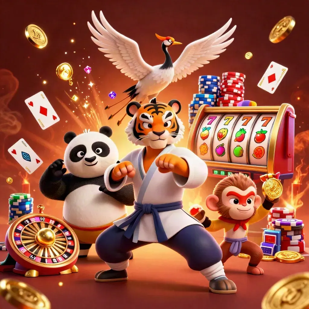 Kung-fu tiger, panda, and monkey amid casino icons, coins, roulette wheel, and fiery neon glow.