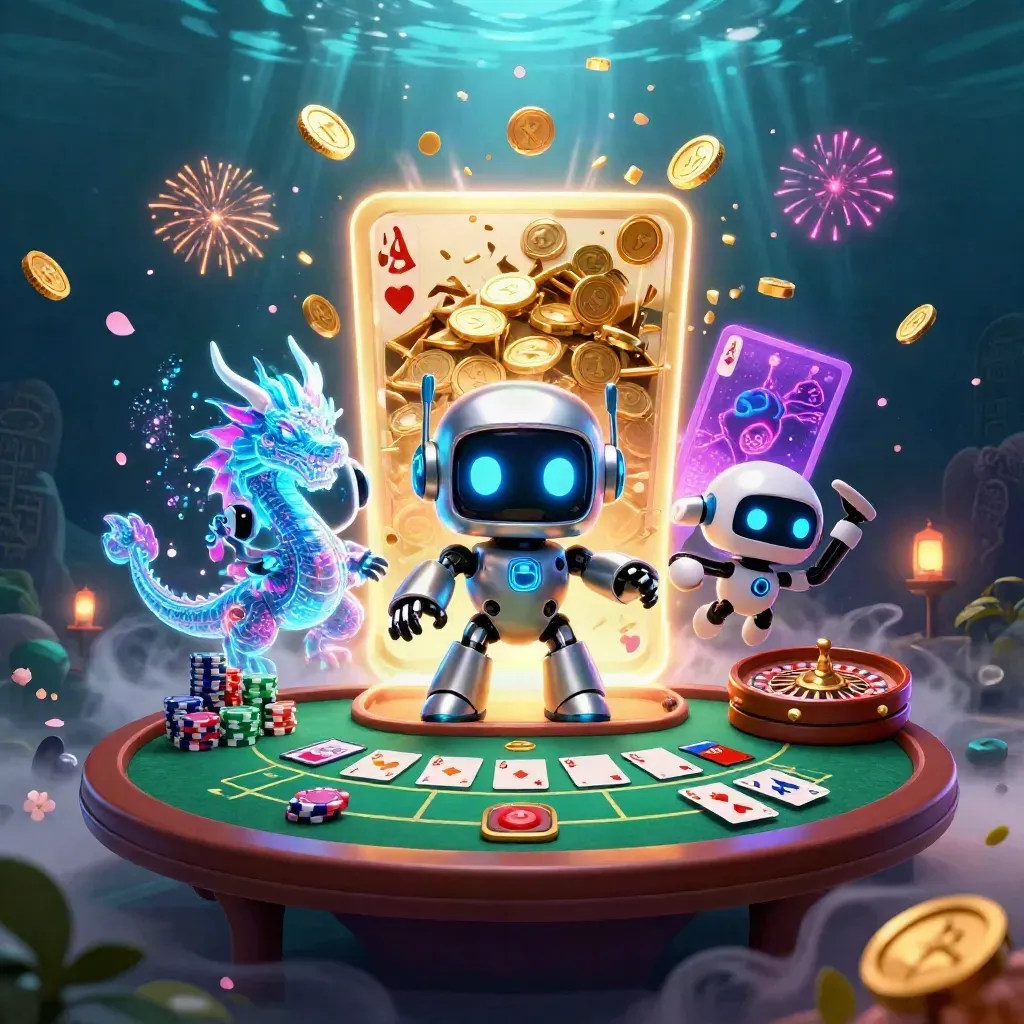 Robot, holographic dragon, and coin drone amid casino coins, cards, chips, and fireworks.