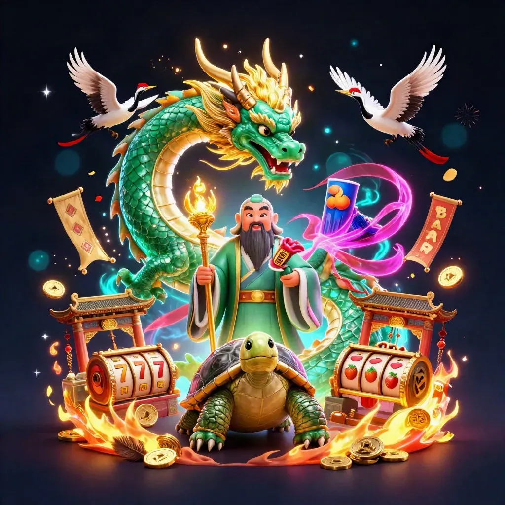 Emerald jade dragon, turtle sage, and cranes amid neon casino magic and gold fire