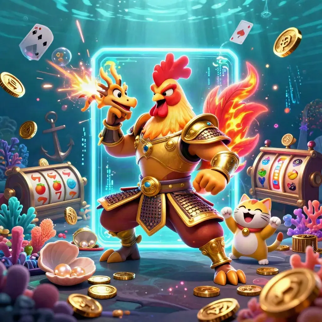 Rooster warrior, dragon hatchling and fortune cat in a neon underwater casino treasure cove