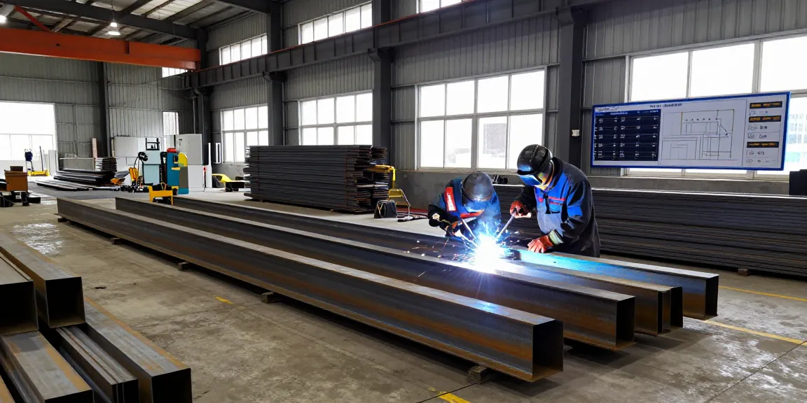 Expert welders at a commercial steel company crafting durable metal structures in a busy fabrication workshop.